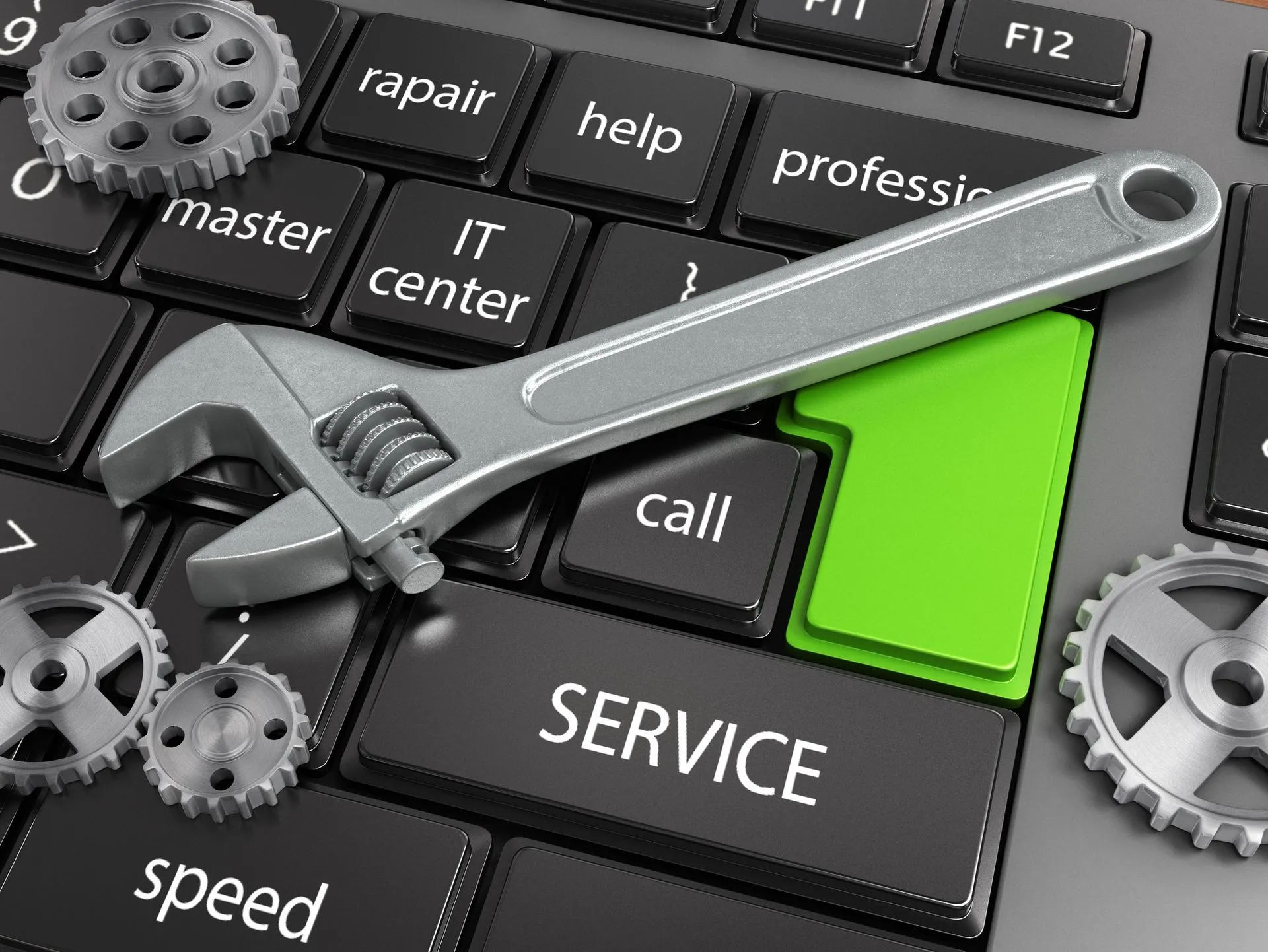 Chiave inglese metallica e ingranaggi su tastiera nera con tasti SERVICE, IT center, help, call e Invio verde