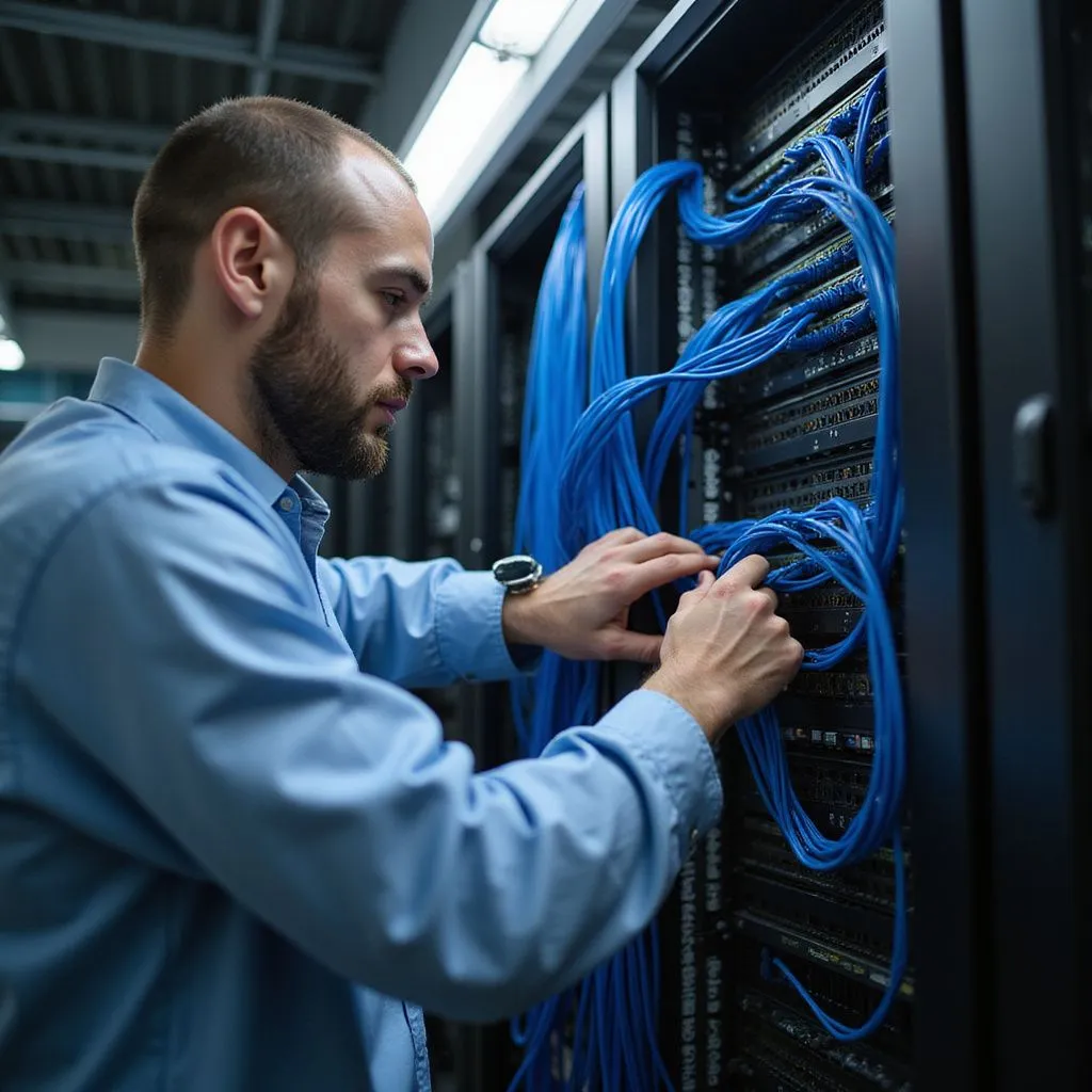 Tecnico con barba e camicia azzurra collega cavi di rete blu agli switch di un armadio rack nero in una sala server